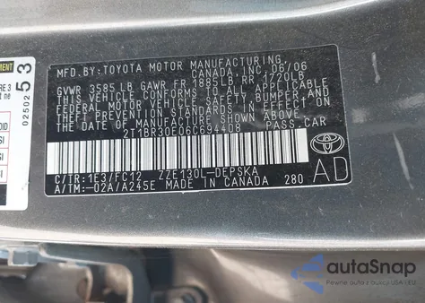 2006 Toyota Corolla S from USA, damaged, VIN 2T1BR30E06C694408